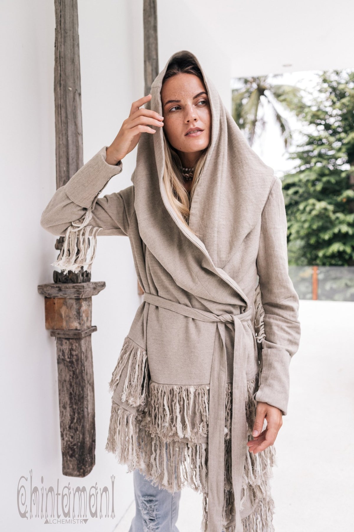 Linen &amp; Silk Fringe Jacket for Women / Hooded Cardigan / Gray - ChintamaniAlchemi