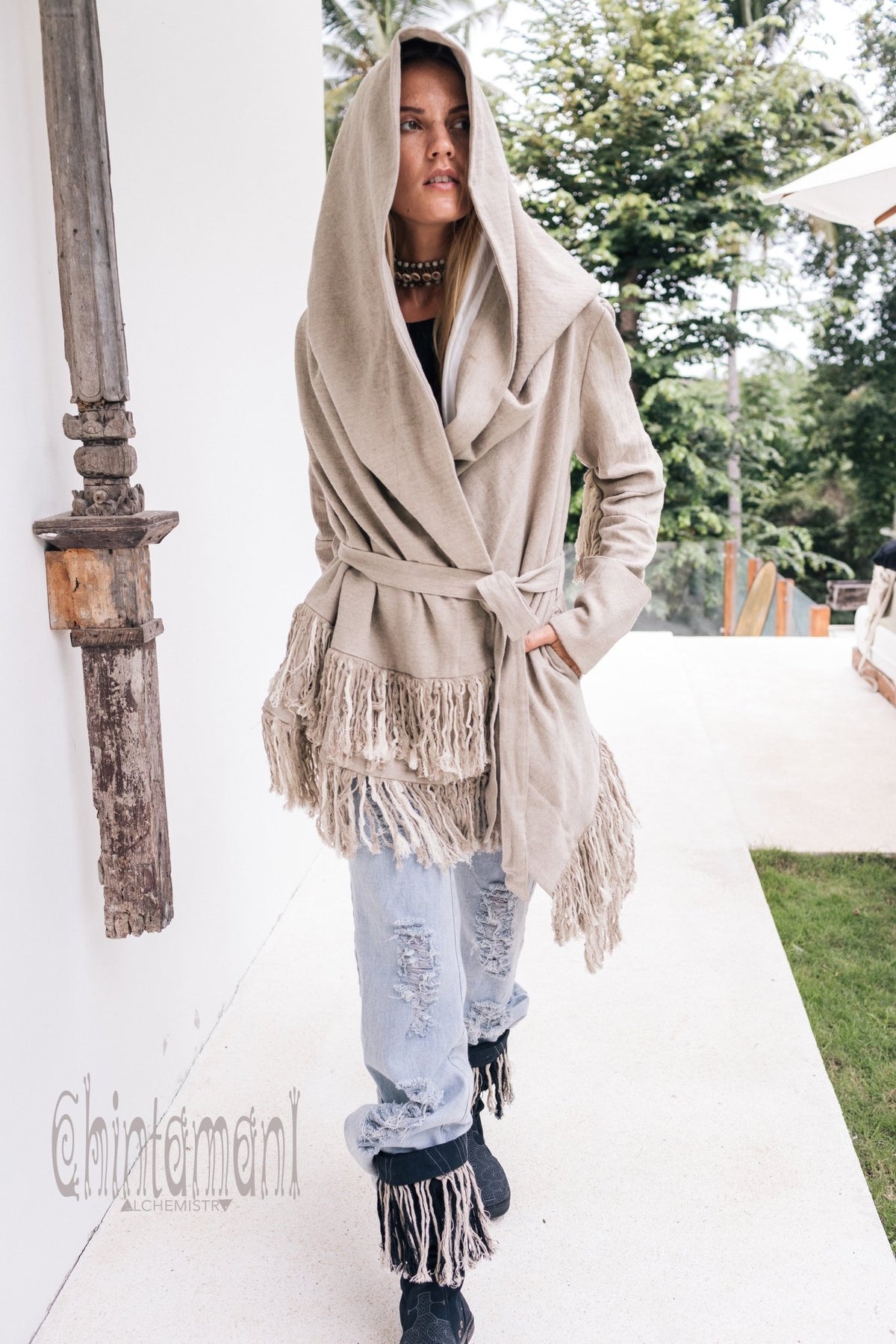 Linen &amp; Silk Fringe Jacket for Women / Hooded Cardigan / Gray - ChintamaniAlchemi