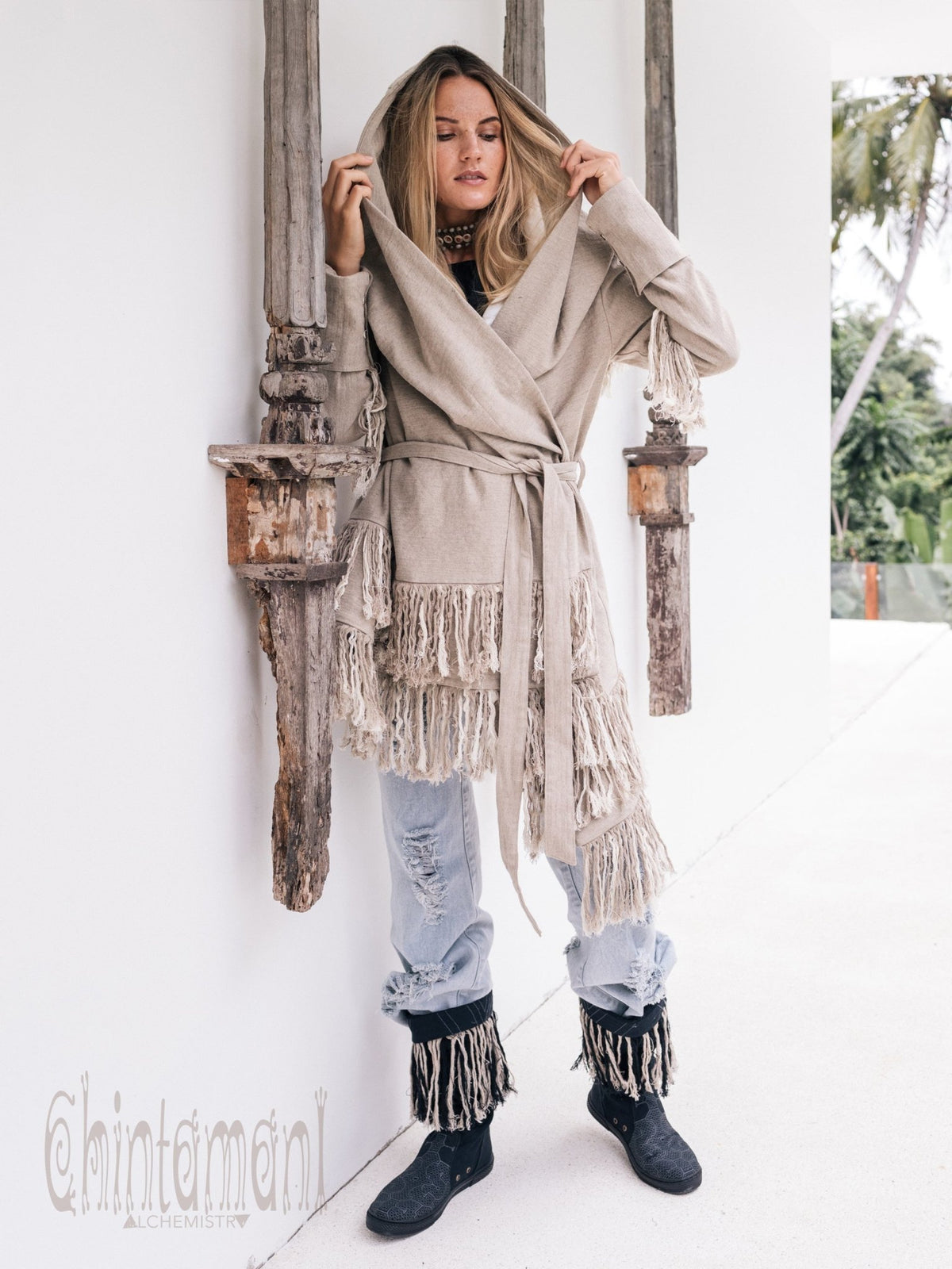 Linen &amp; Silk Fringe Jacket for Women / Hooded Cardigan / Gray - ChintamaniAlchemi