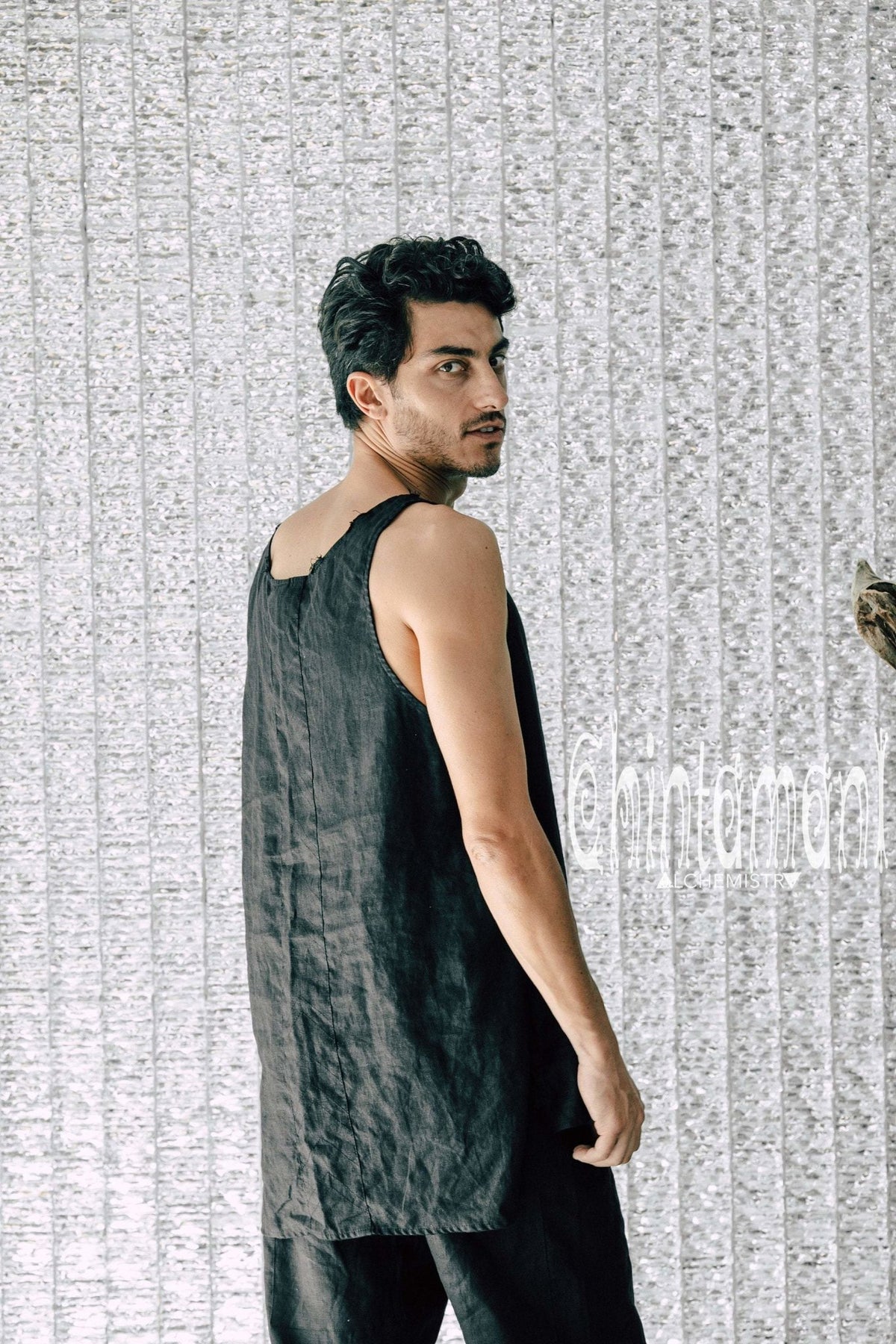 Linen Tank Top for Men / Vegan Boho Top / Black - ChintamaniAlchemi