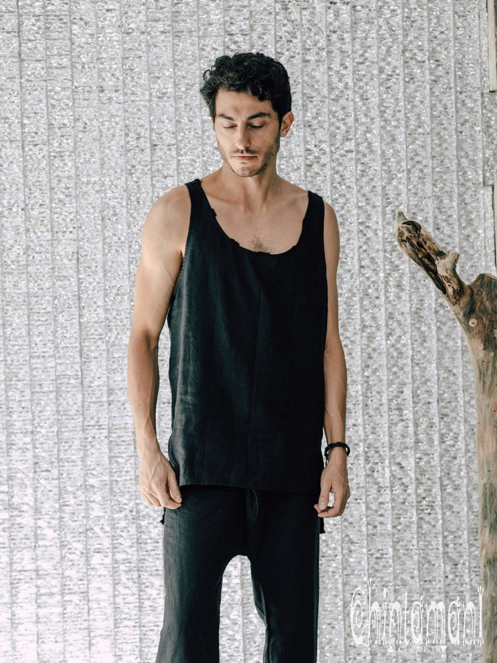 Linen Tank Top for Men / Vegan Boho Top / Black - ChintamaniAlchemi