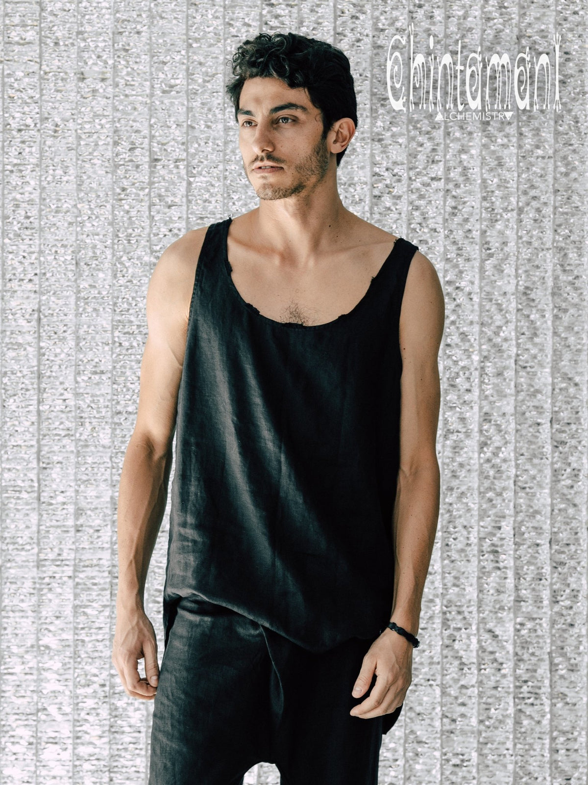 Linen Tank Top for Men / Vegan Boho Top / Black - ChintamaniAlchemi