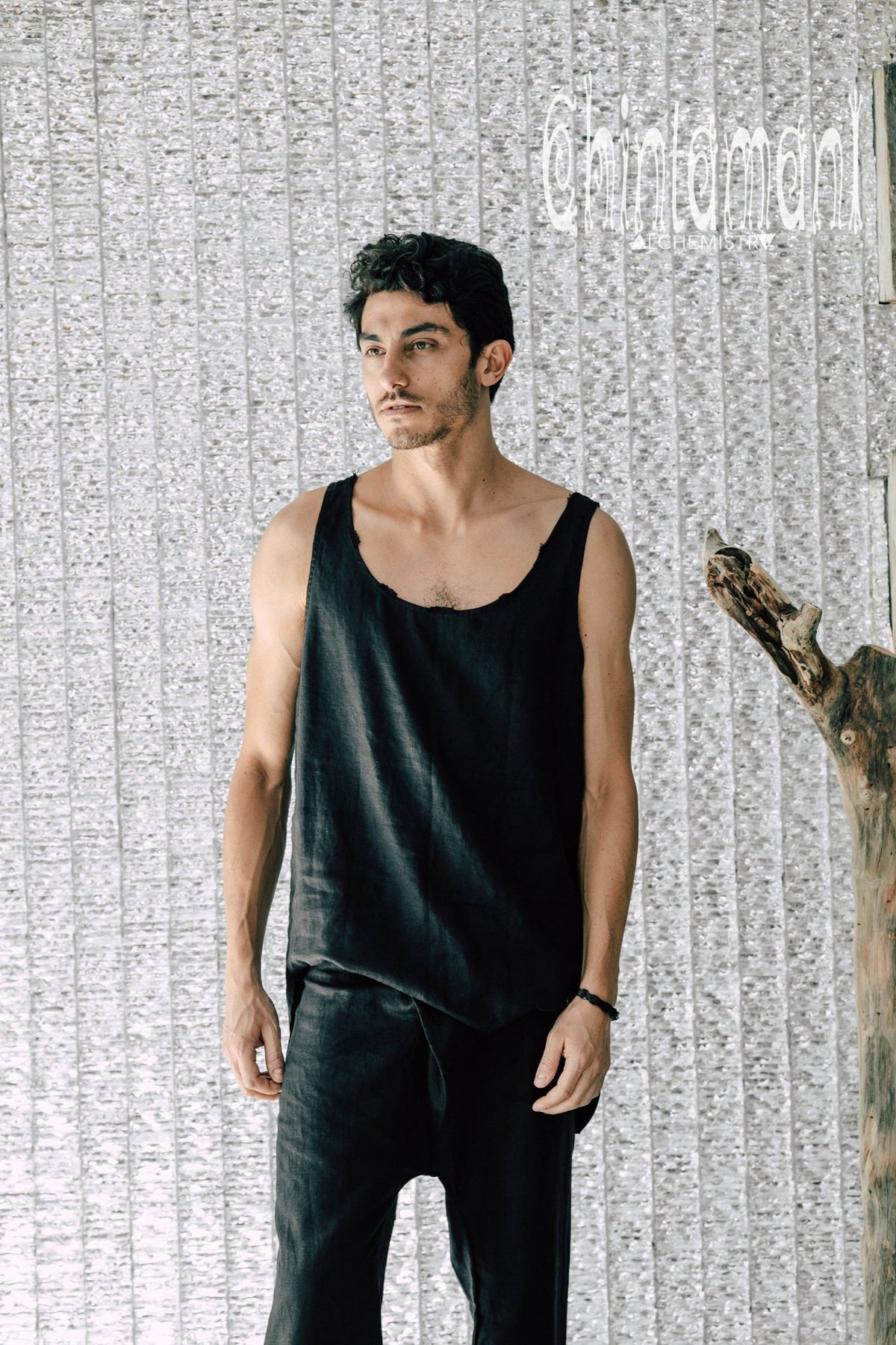 Linen Tank Top for Men / Vegan Boho Top / Black - ChintamaniAlchemi