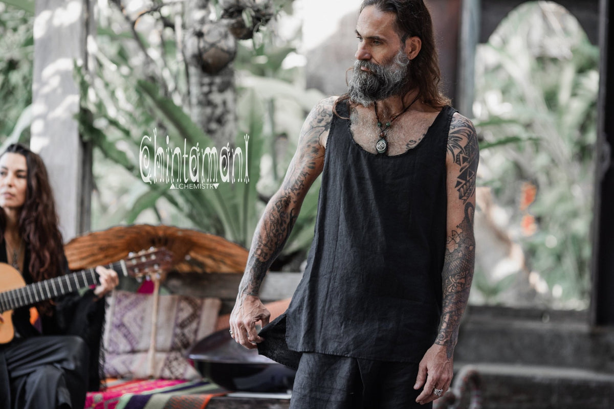 Linen Tank Top for Men / Vegan Boho Top / Black - ChintamaniAlchemi