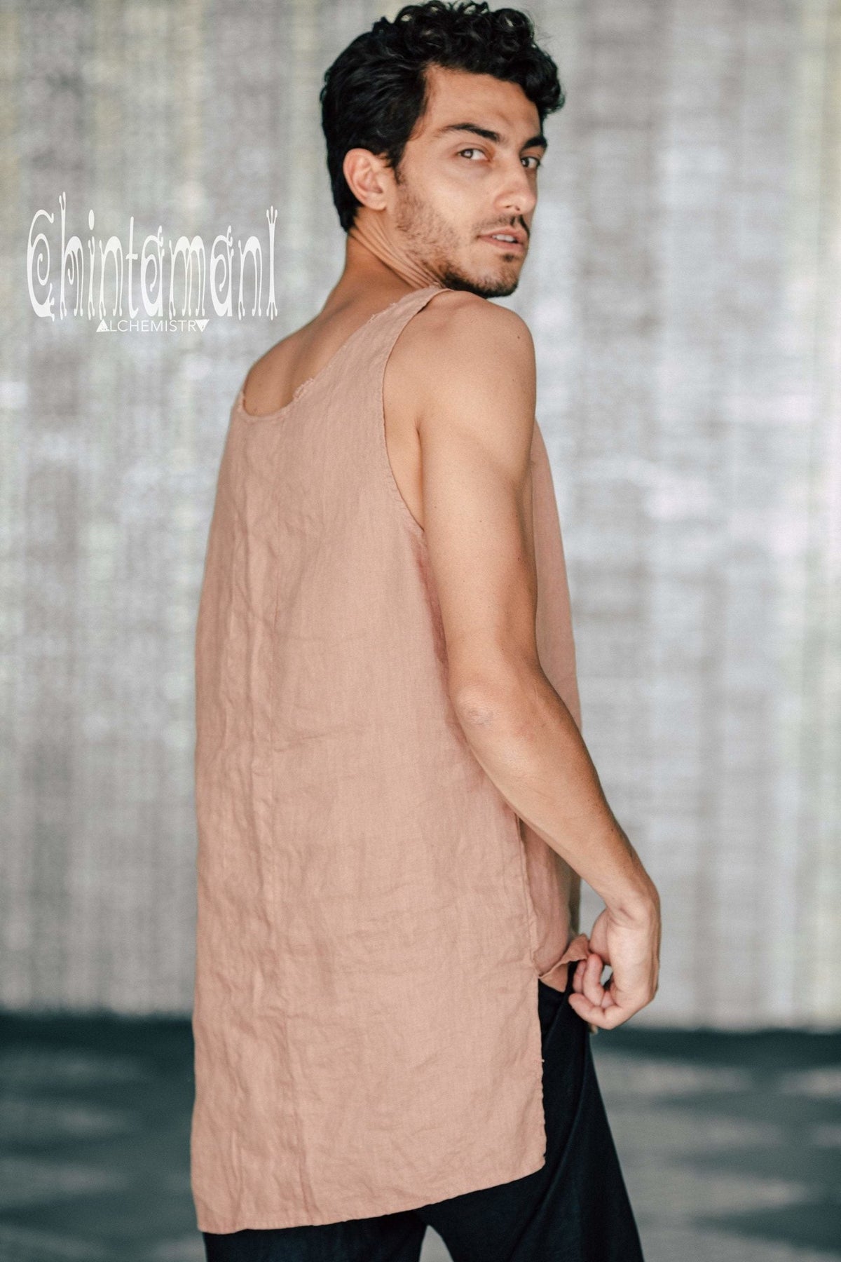 Linen Tank Top for Men / Vegan Boho Top / Dusty Pink - ChintamaniAlchemi