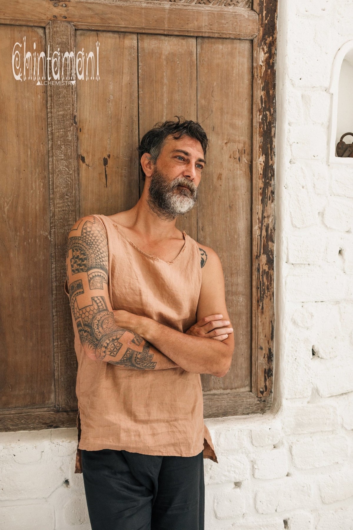 Linen Tank Top for Men / Vegan Boho Top / Dusty Pink - ChintamaniAlchemi