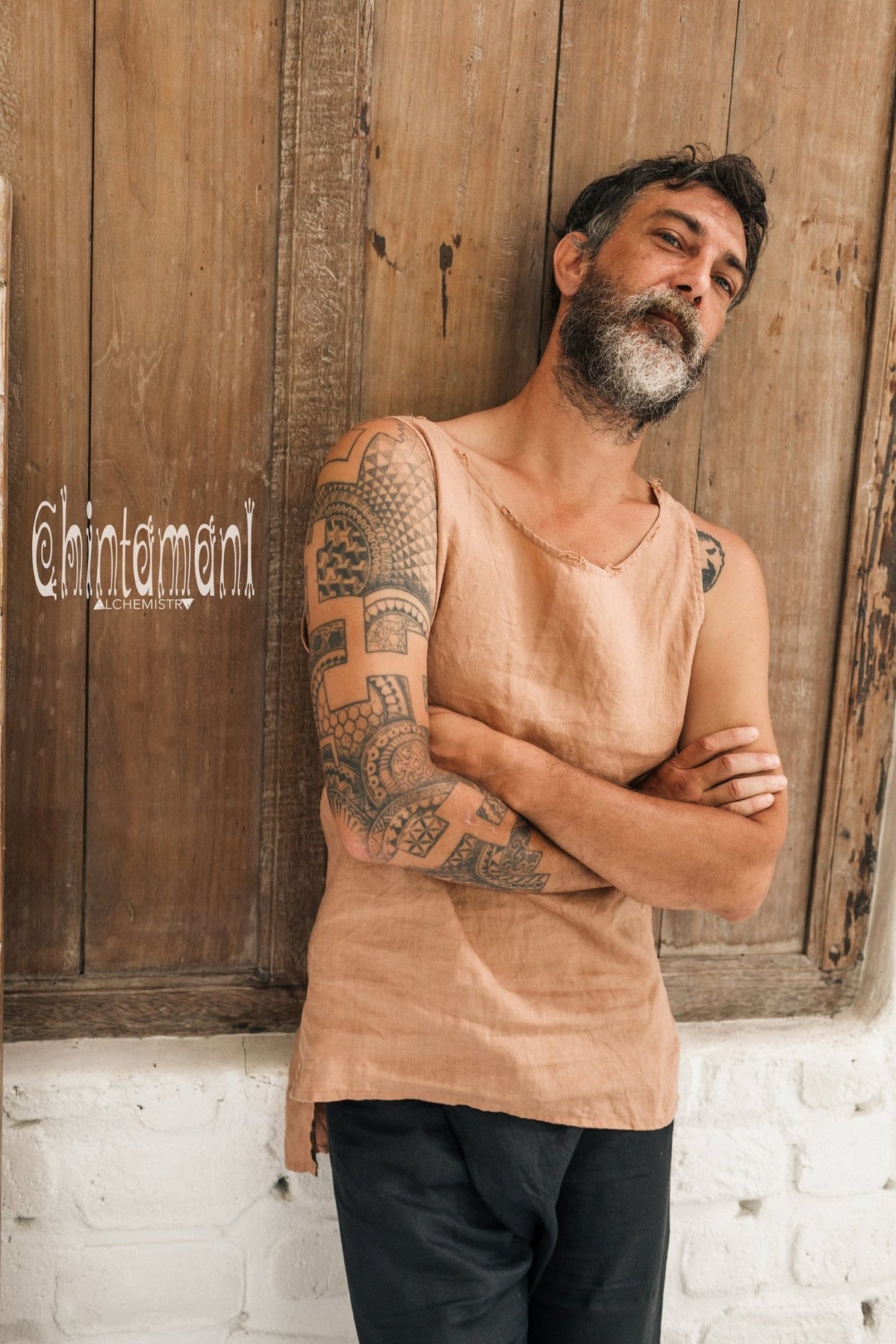 Linen Tank Top for Men / Vegan Boho Top / Dusty Pink - ChintamaniAlchemi