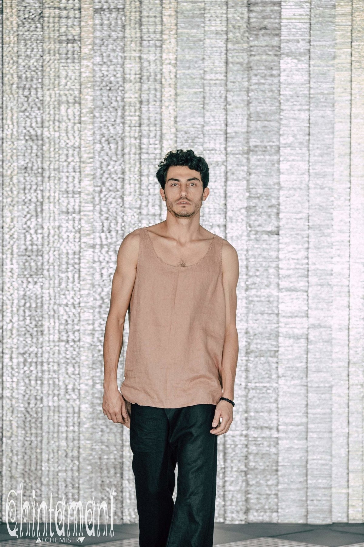 Linen Tank Top for Men / Vegan Boho Top / Dusty Pink - ChintamaniAlchemi