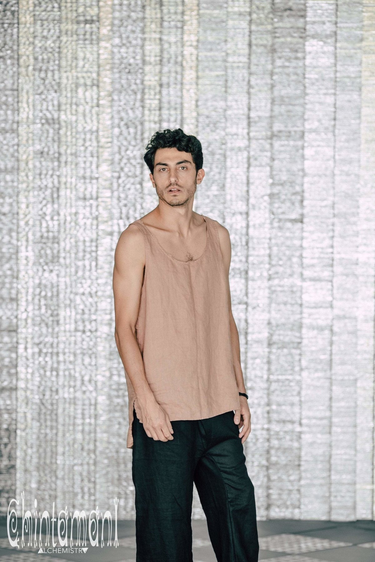 Linen Tank Top for Men / Vegan Boho Top / Dusty Pink - ChintamaniAlchemi