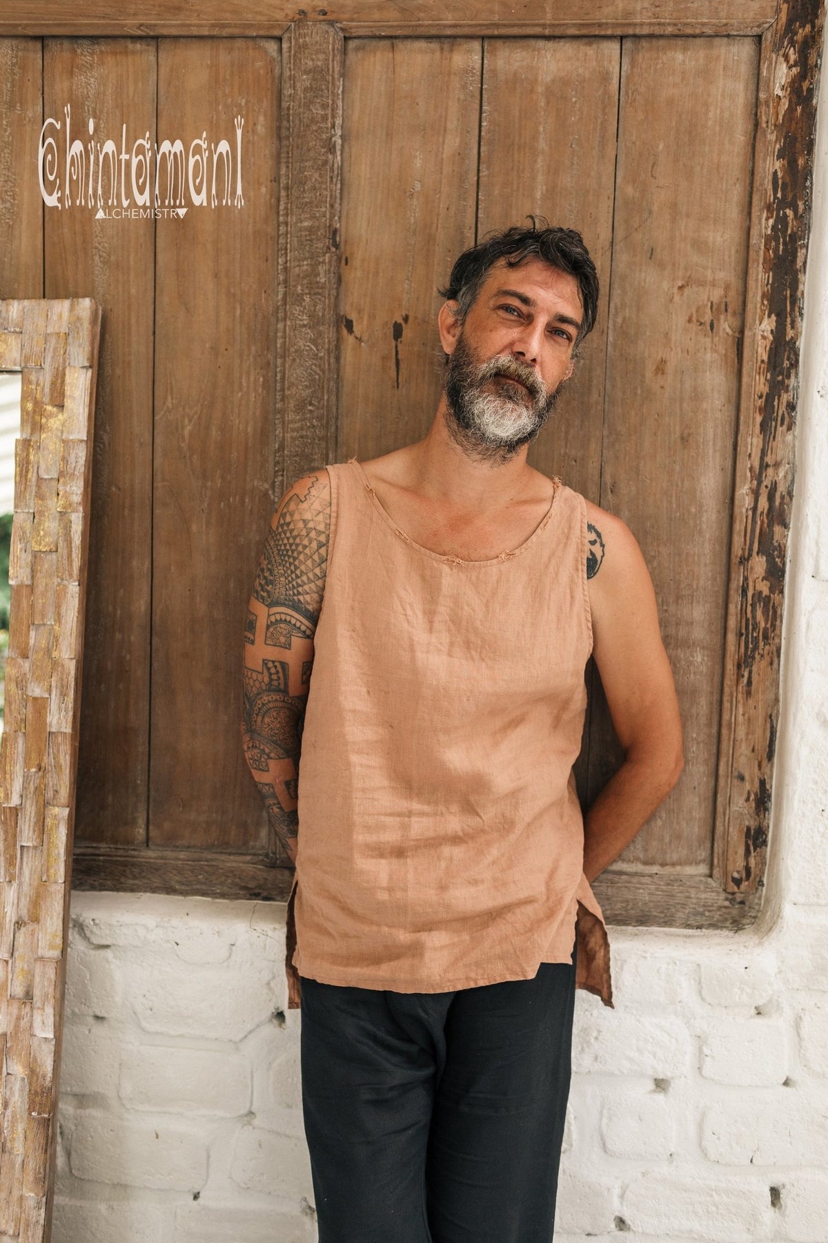 Linen Tank Top for Men / Vegan Boho Top / Dusty Pink - ChintamaniAlchemi