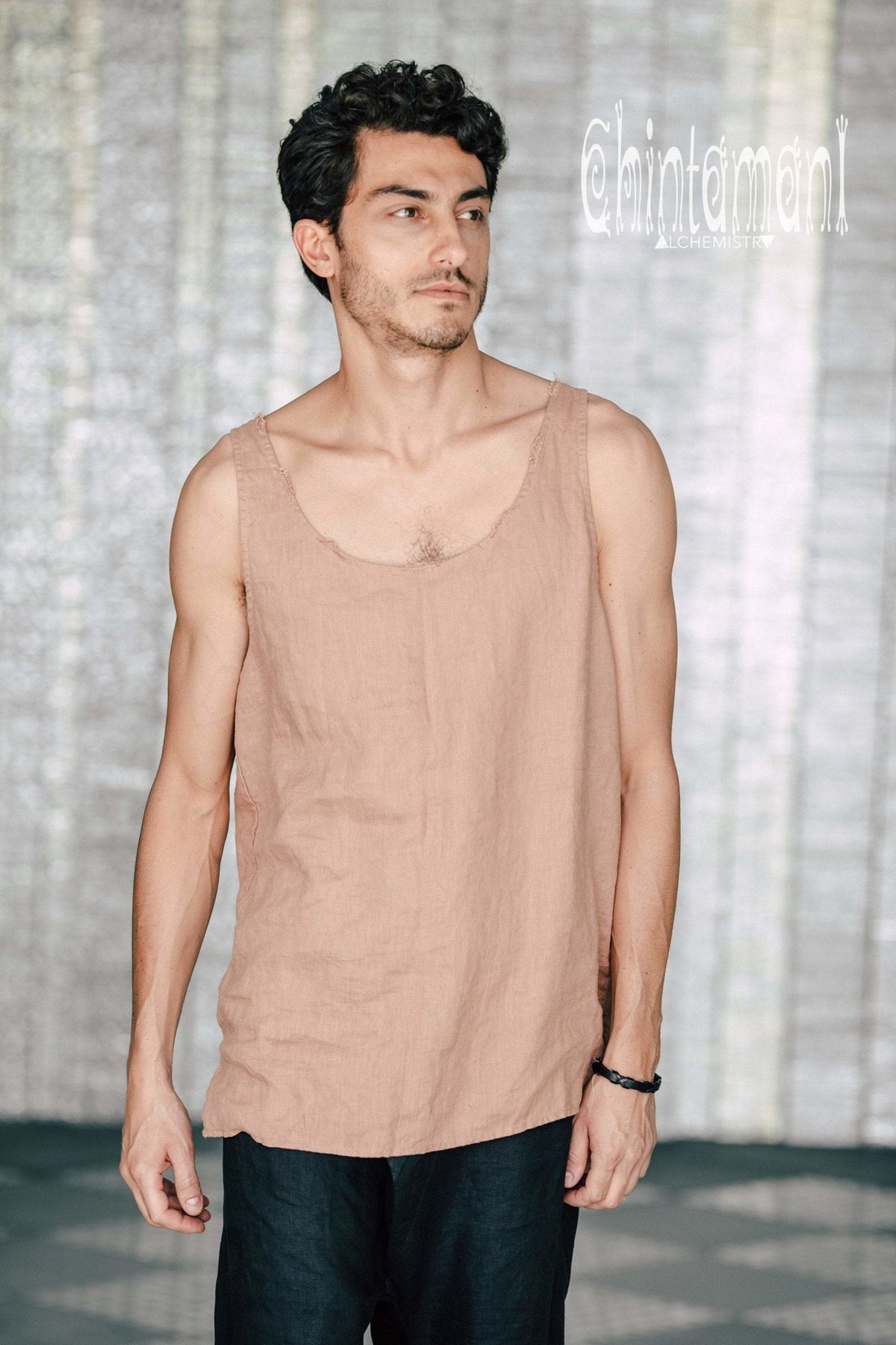 Linen Tank Top for Men / Vegan Boho Top / Dusty Pink - ChintamaniAlchemi