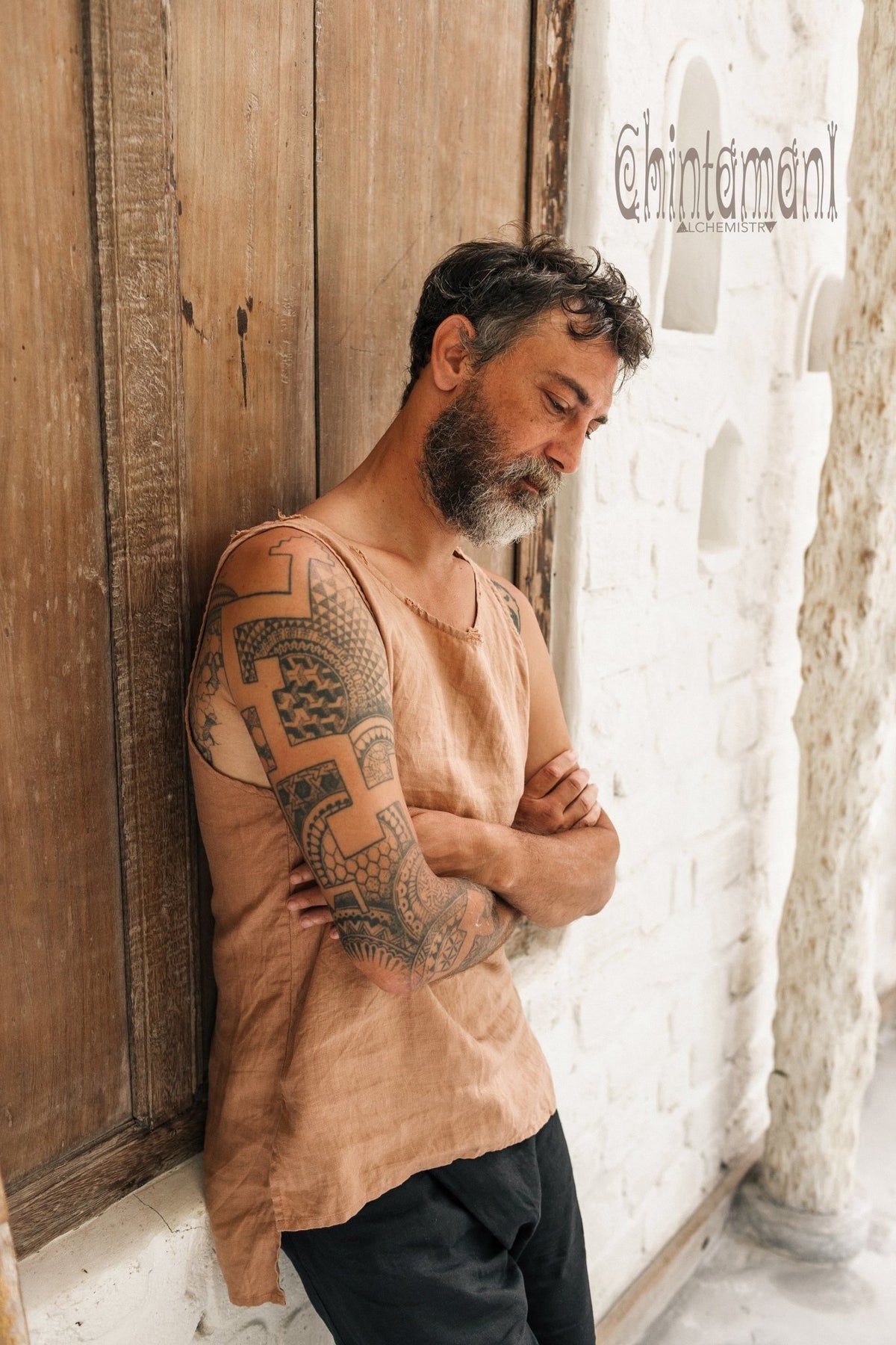 Linen Tank Top for Men / Vegan Boho Top / Dusty Pink - ChintamaniAlchemi