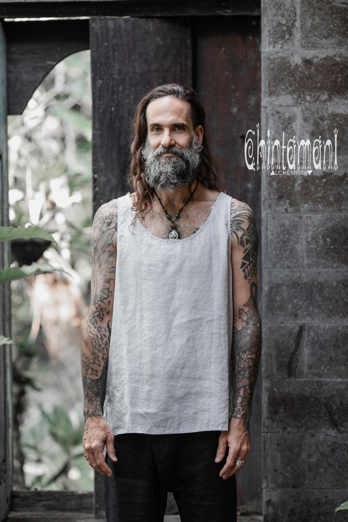 Linen Tank Top for Men Vegan Boho Top Grey ChintamaniAlchemi