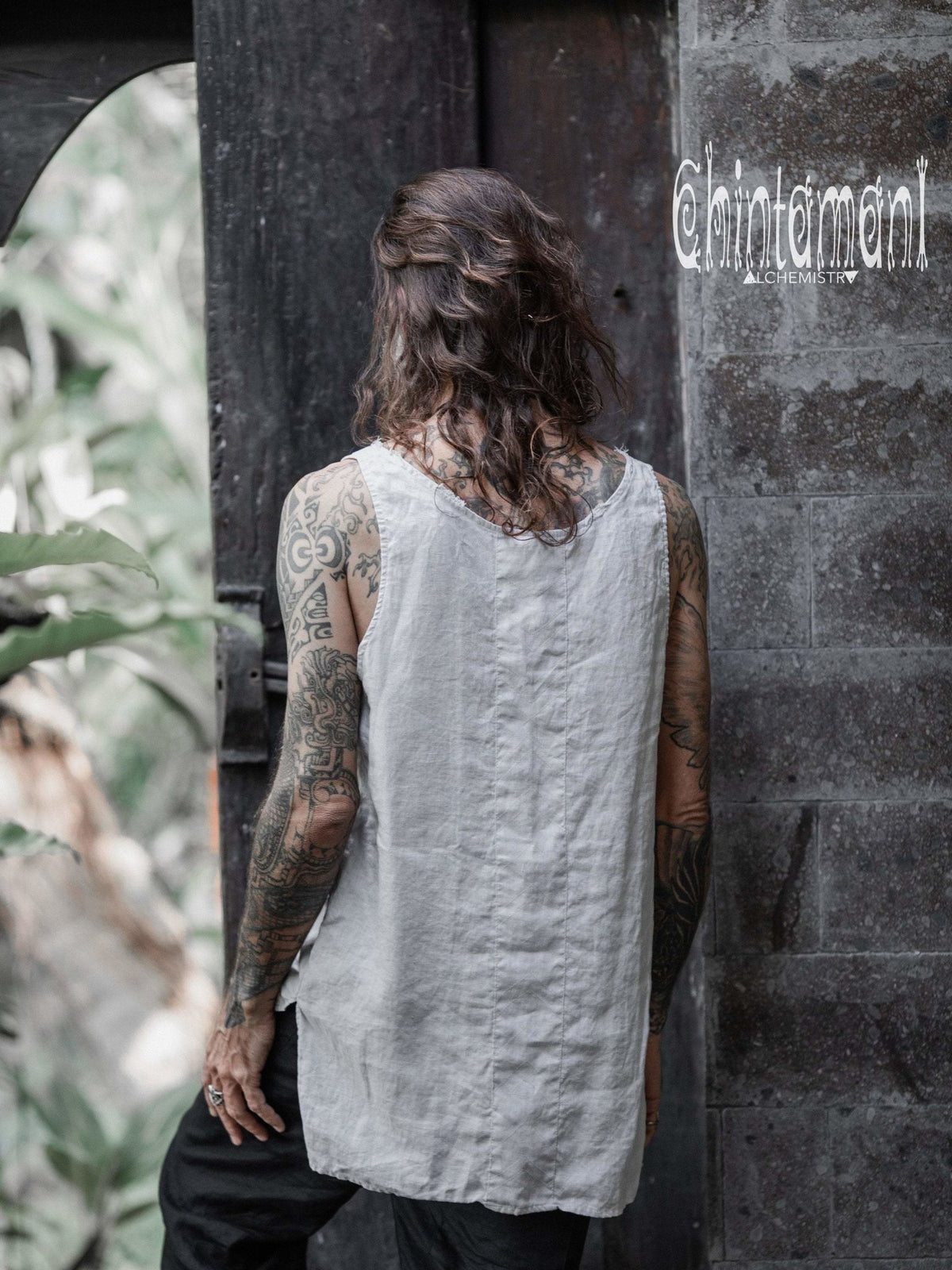 Linen Tank Top for Men / Vegan Boho Top / Grey - ChintamaniAlchemi