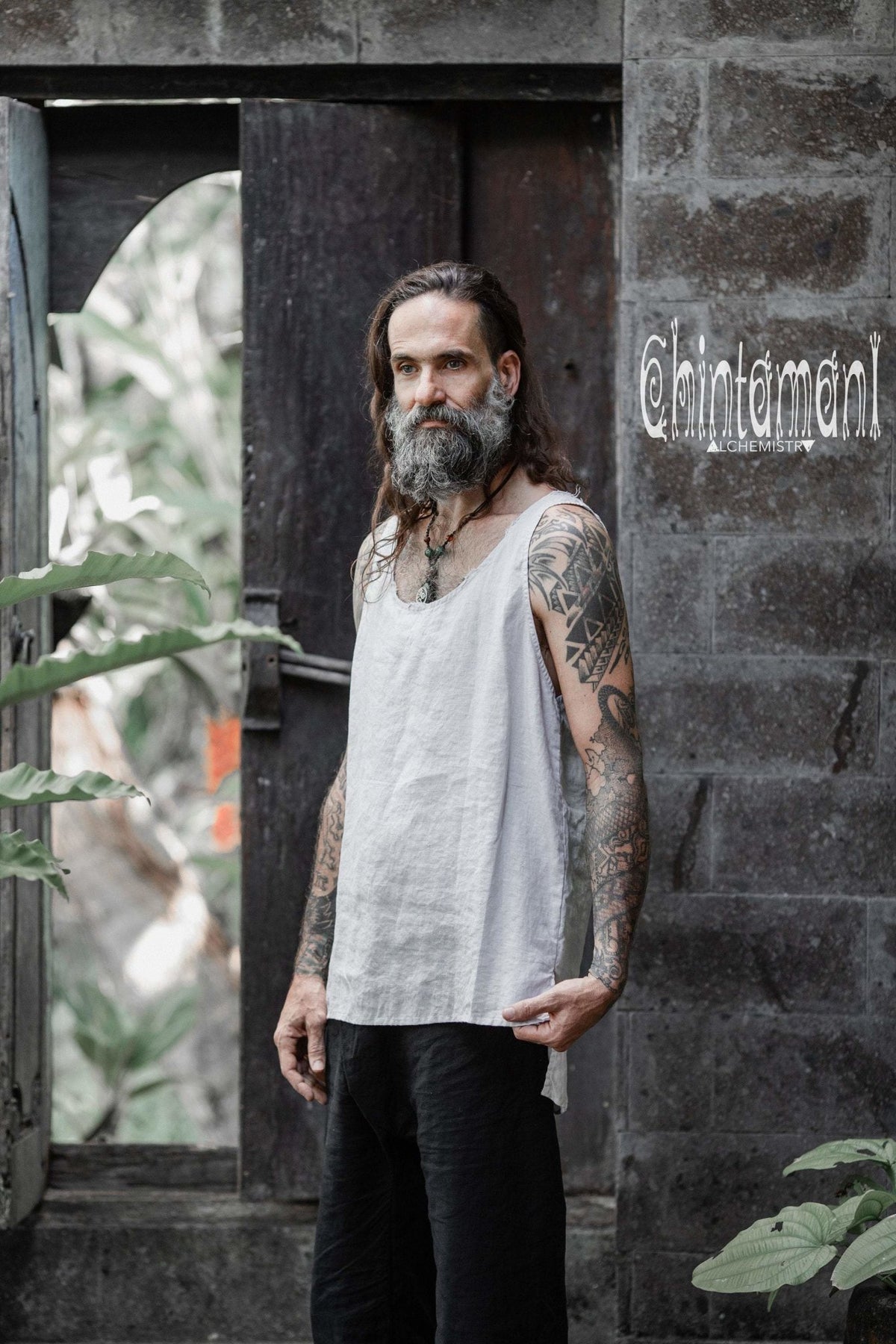 Linen Tank Top for Men / Vegan Boho Top / Grey - ChintamaniAlchemi