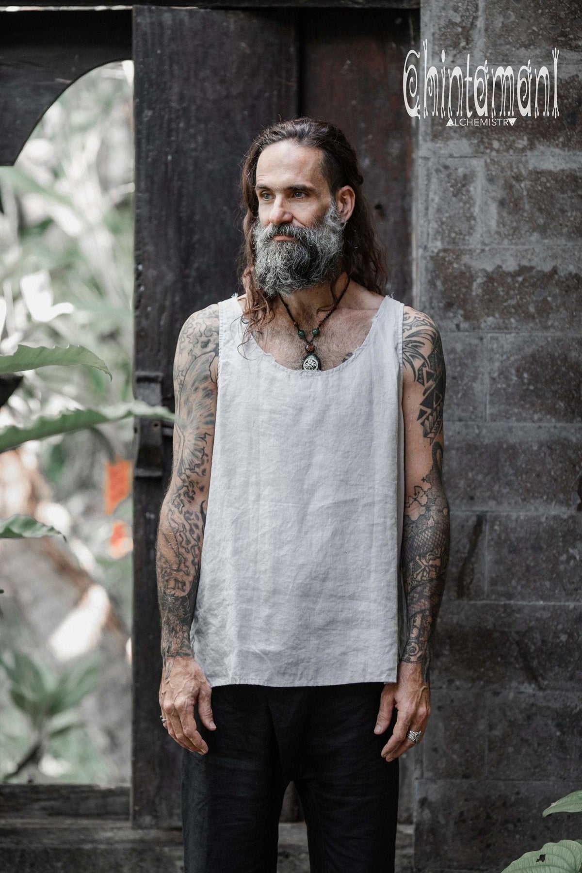 Linen Tank Top for Men / Vegan Boho Top / Grey - ChintamaniAlchemi