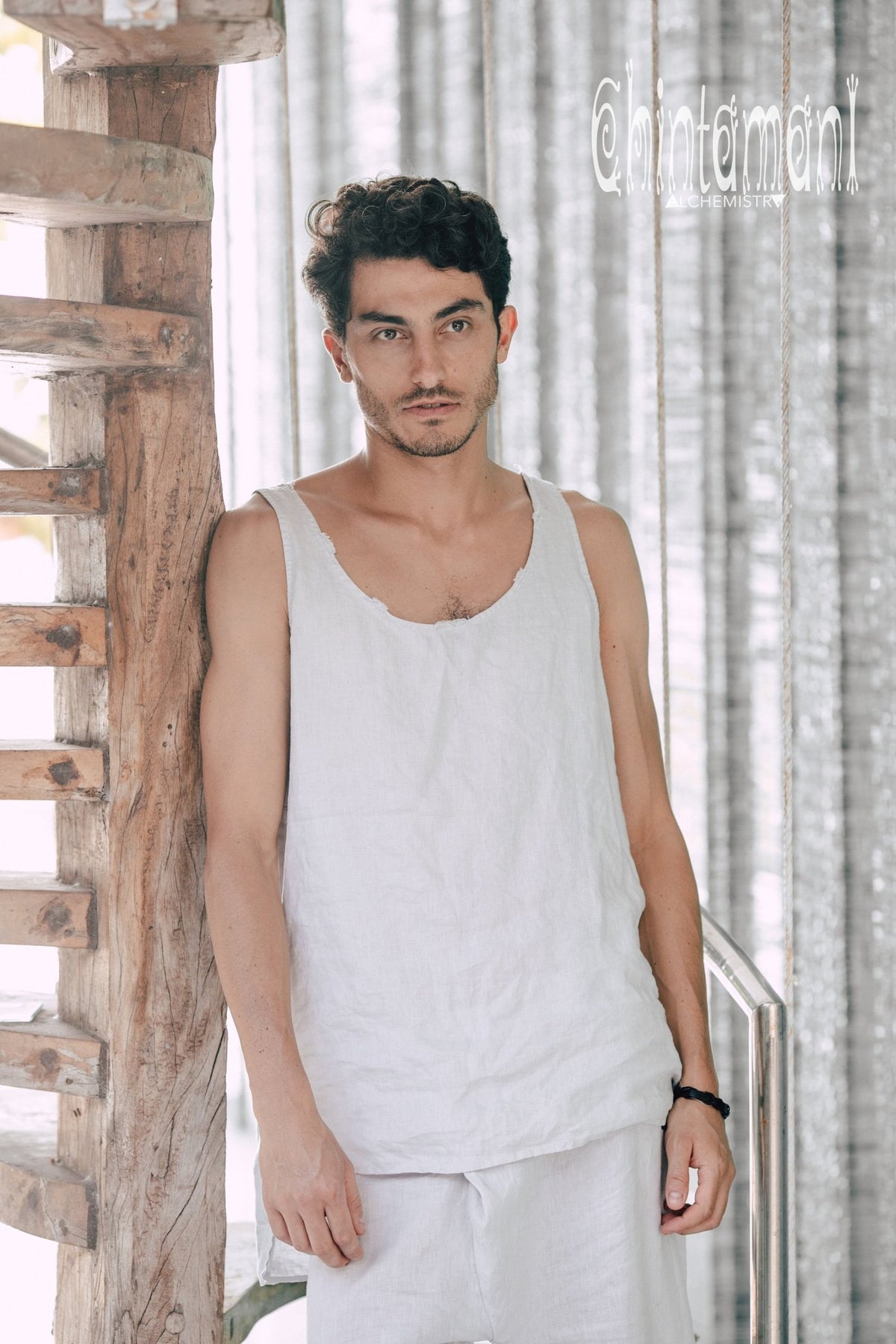 Linen Tank Top for Men / Vegan Boho Top / Grey - ChintamaniAlchemi