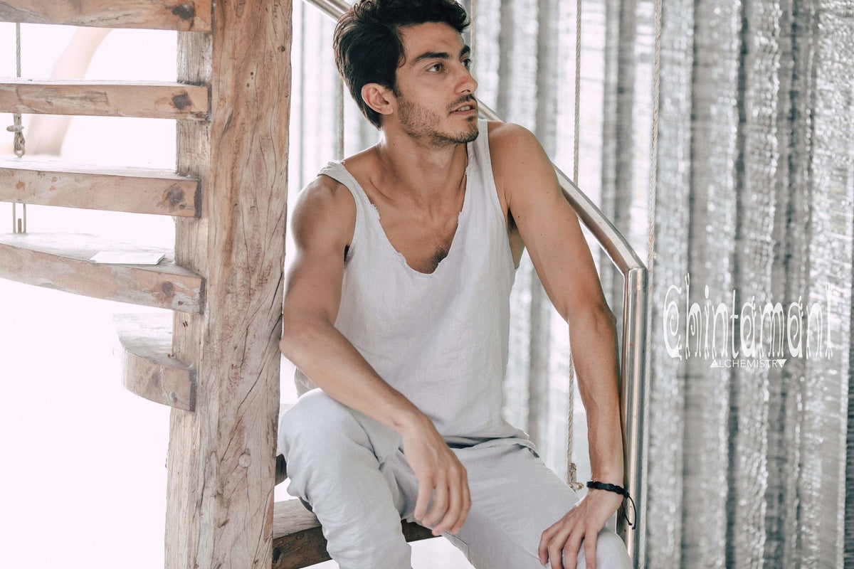 Linen Tank Top for Men / Vegan Boho Top / Grey - ChintamaniAlchemi