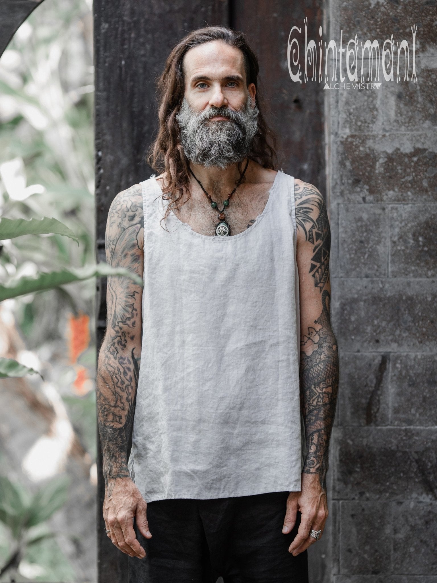 Linen Tank Top for Men / Vegan Boho Top / Grey - ChintamaniAlchemi