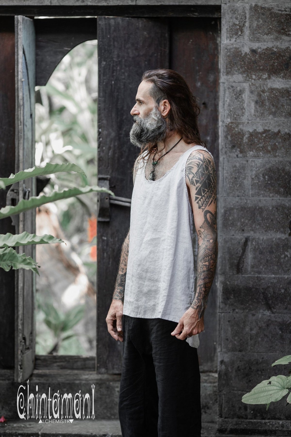 Linen Tank Top for Men / Vegan Boho Top / Grey - ChintamaniAlchemi