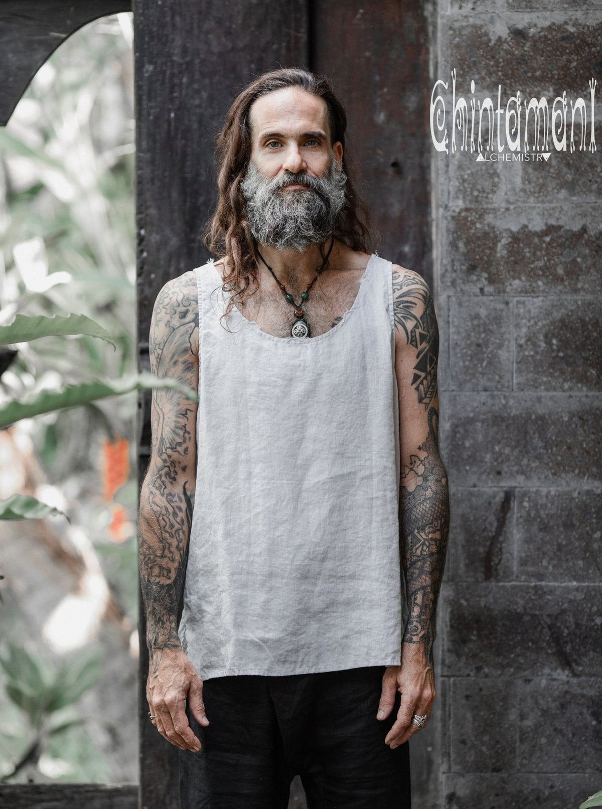 Linen Tank Top for Men / Vegan Boho Top / Grey - ChintamaniAlchemi