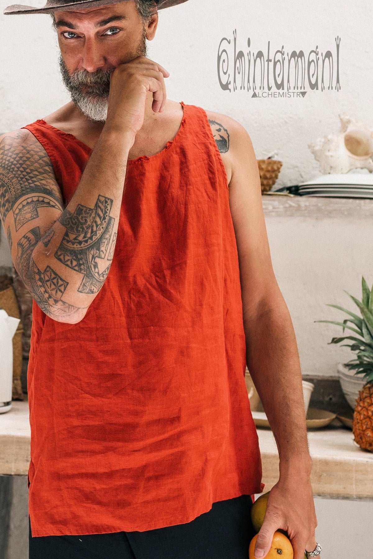 Linen Tank Top for Men / Vegan Boho Top / Red Ochre - ChintamaniAlchemi