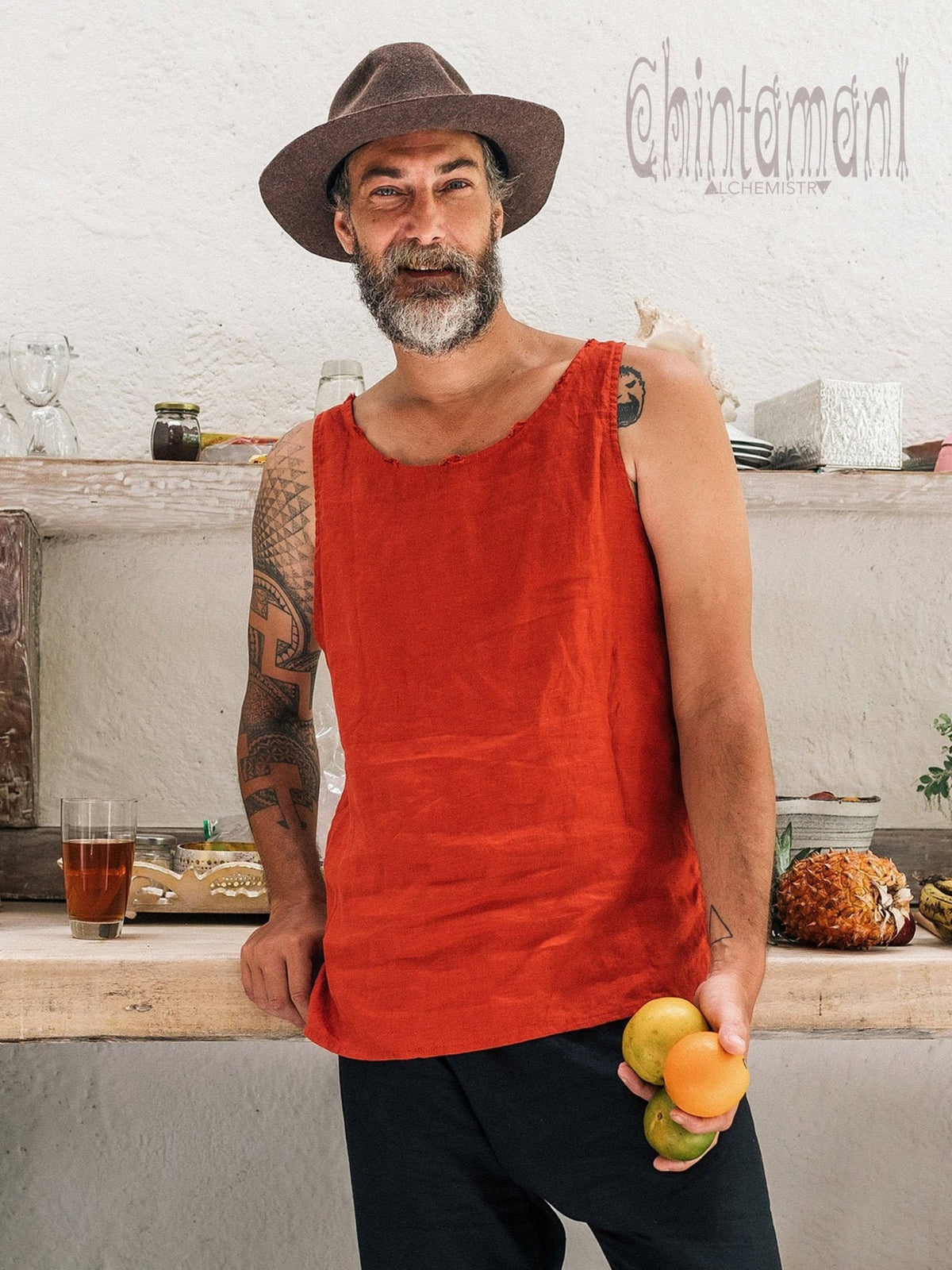 Linen Tank Top for Men / Vegan Boho Top / Red Ochre - ChintamaniAlchemi