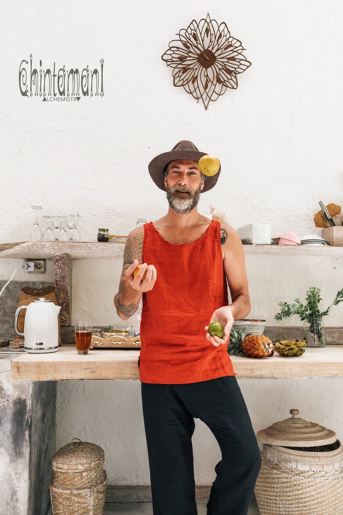 Linen Tank Top for Men / Vegan Boho Top / Red Ochre - ChintamaniAlchemi