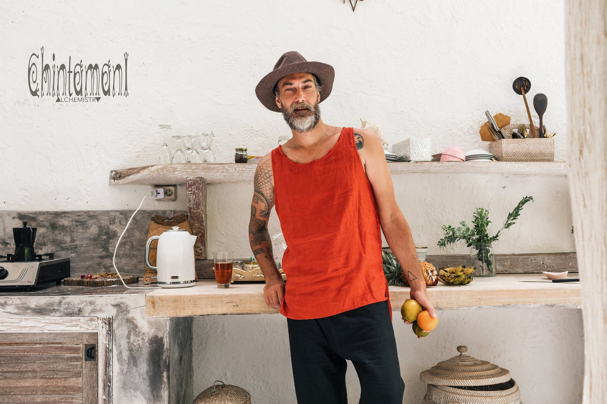 Linen Tank Top for Men / Vegan Boho Top / Red Ochre - ChintamaniAlchemi