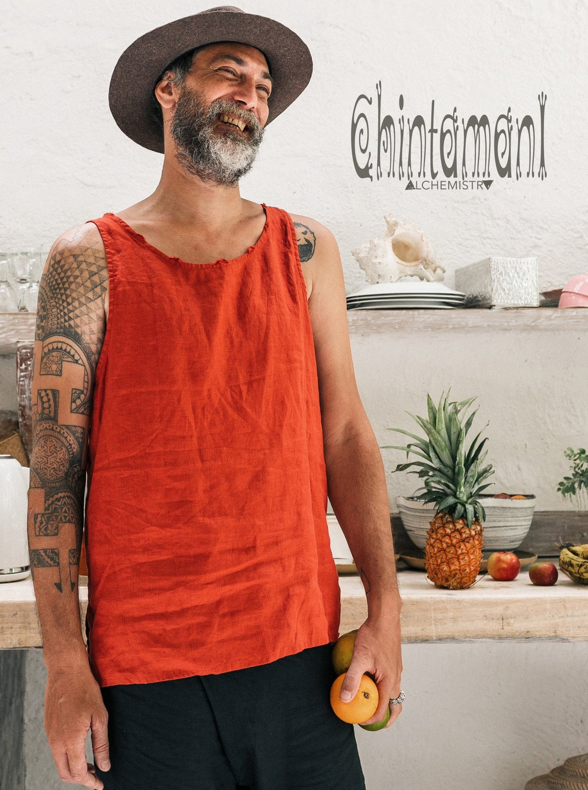 Linen Tank Top for Men / Vegan Boho Top / Red Ochre - ChintamaniAlchemi