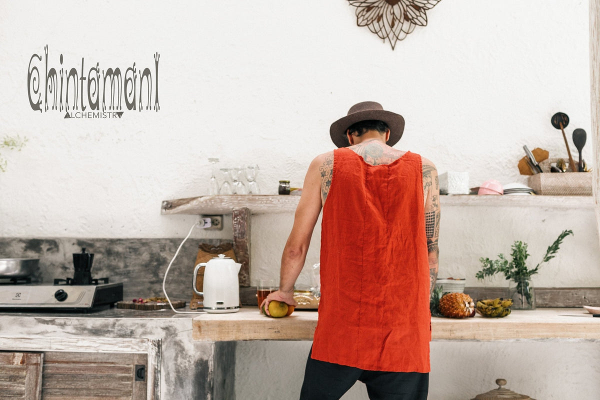 Linen Tank Top for Men / Vegan Boho Top / Red Ochre - ChintamaniAlchemi