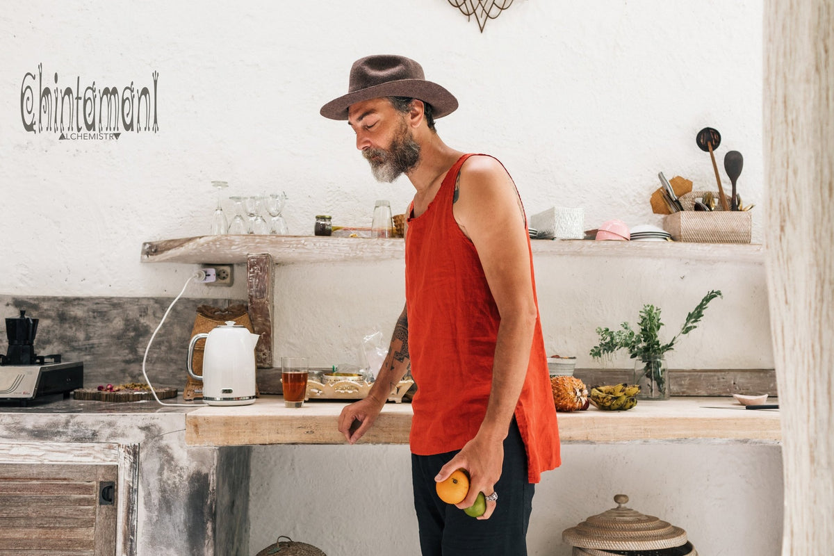 Linen Tank Top for Men / Vegan Boho Top / Red Ochre - ChintamaniAlchemi