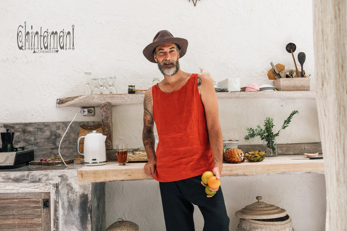 Linen Tank Top for Men / Vegan Boho Top / Red Ochre - ChintamaniAlchemi