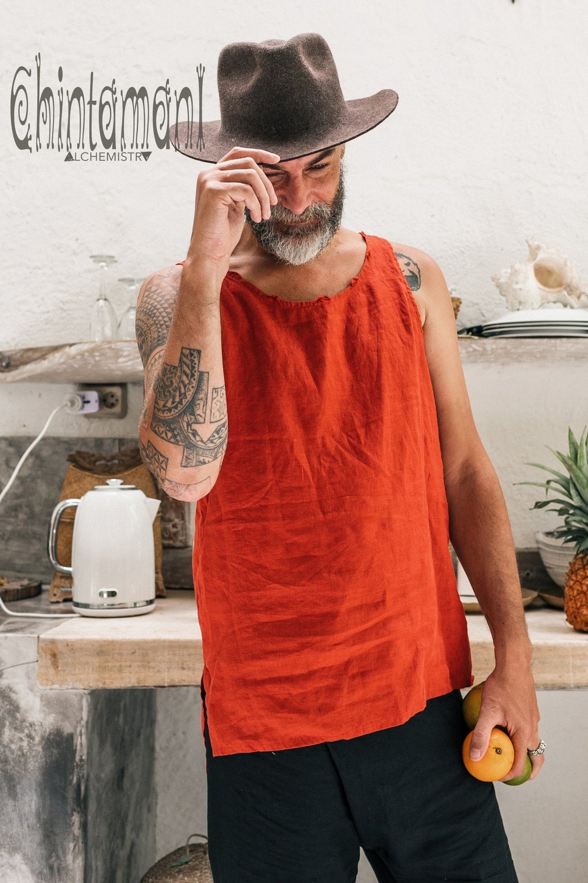 Linen Tank Top for Men / Vegan Boho Top / Red Ochre - ChintamaniAlchemi