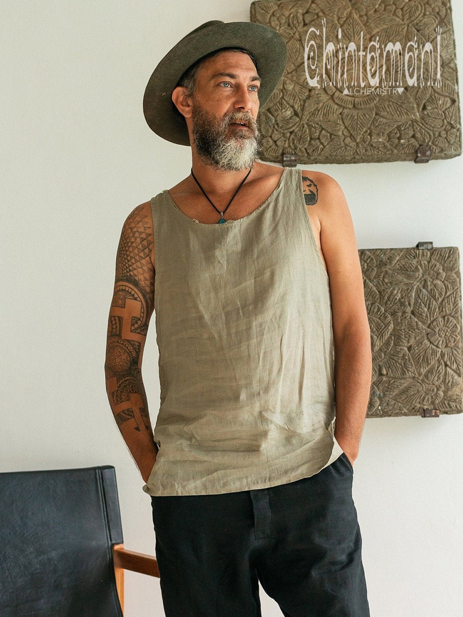 Linen Tank Top for Men / Vegan Boho Top / Sage Green - ChintamaniAlchemi