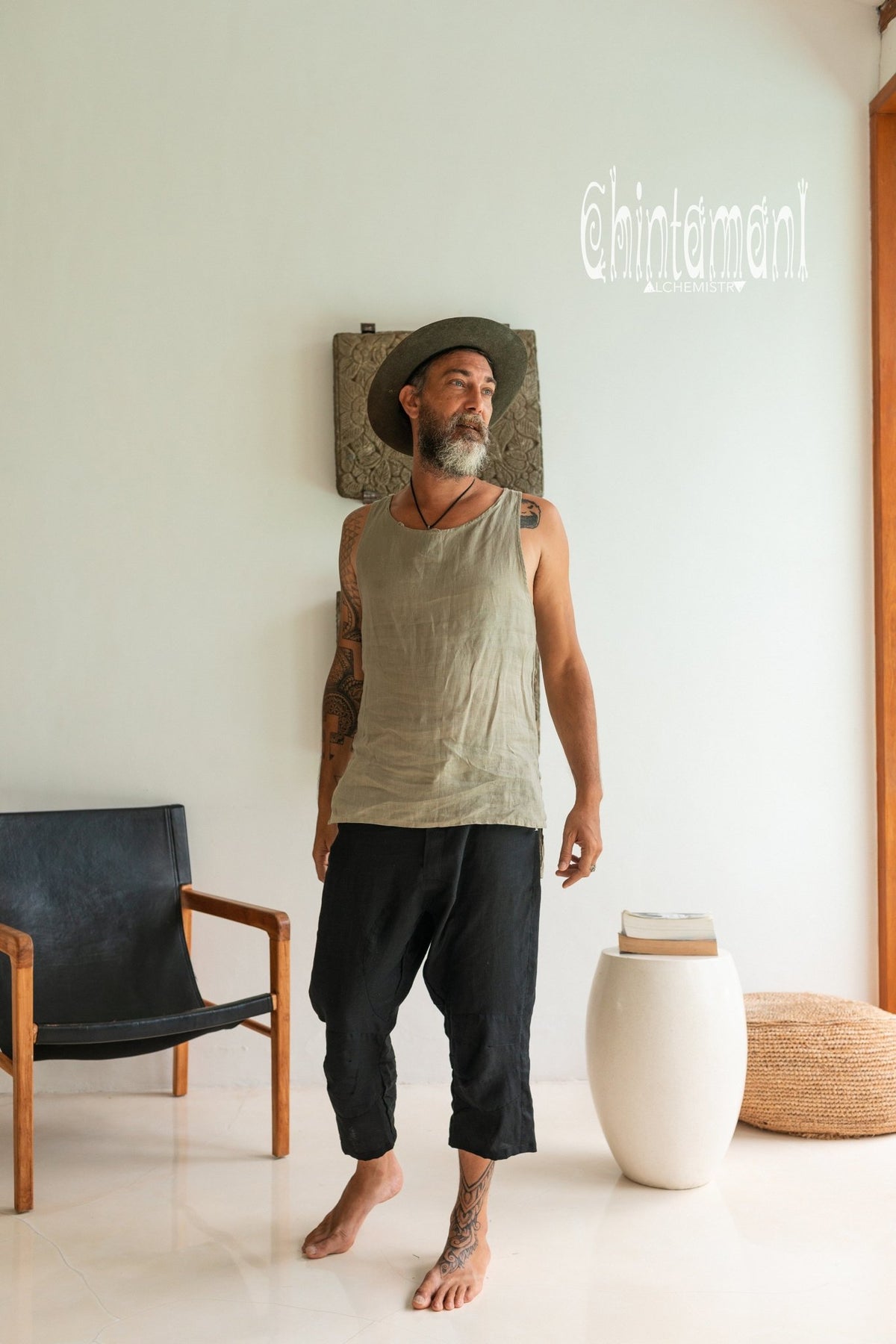 Linen Tank Top for Men / Vegan Boho Top / Sage Green - ChintamaniAlchemi