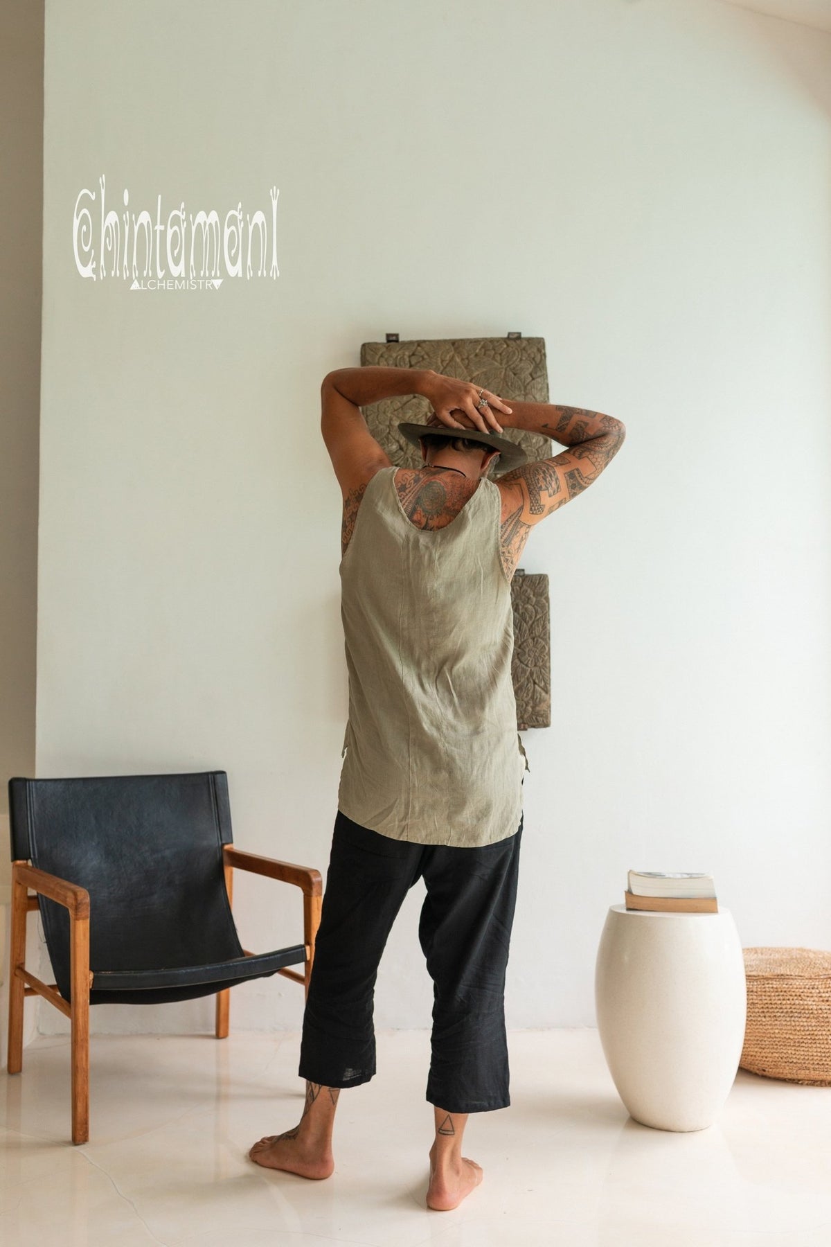 Linen Tank Top for Men / Vegan Boho Top / Sage Green - ChintamaniAlchemi