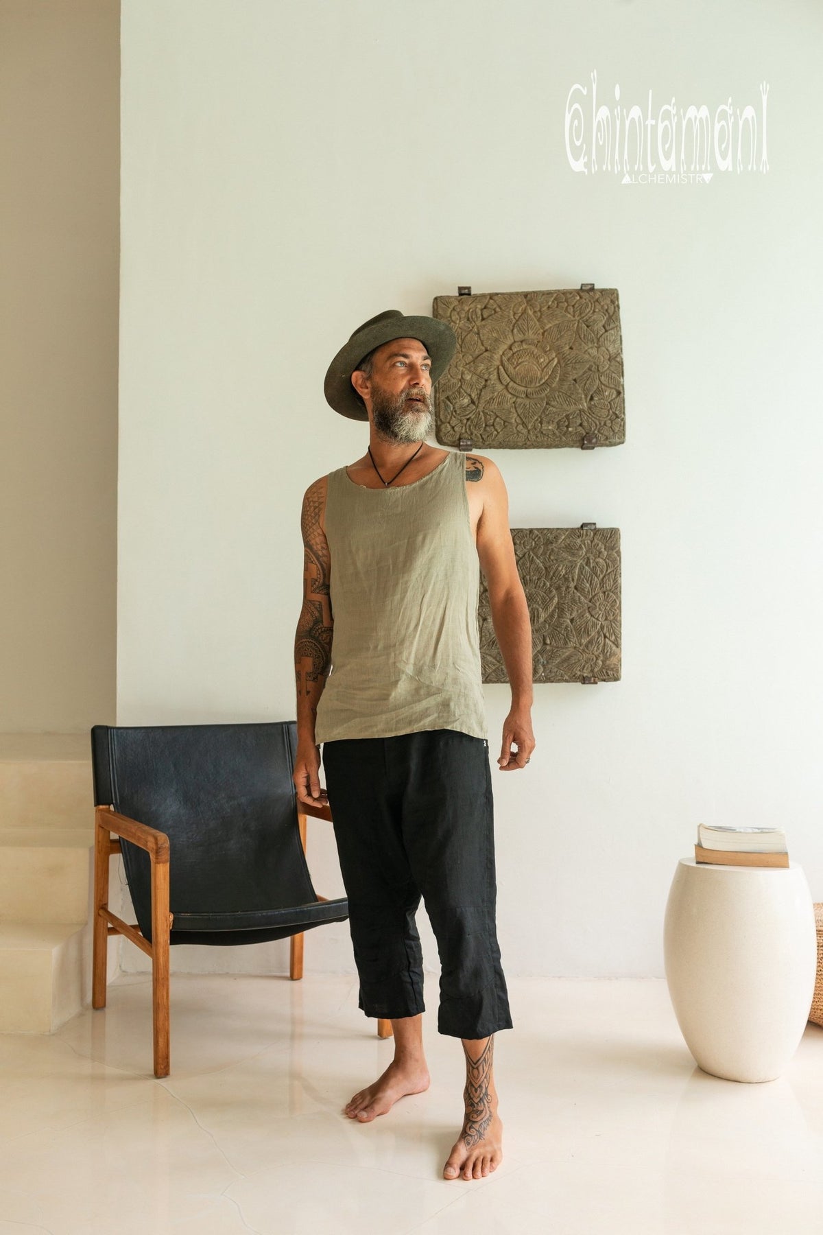 Linen Tank Top for Men / Vegan Boho Top / Sage Green - ChintamaniAlchemi