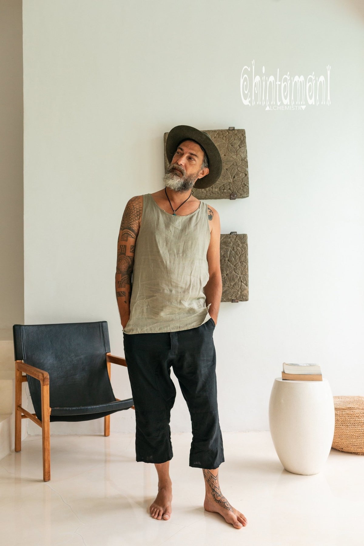 Linen Tank Top for Men / Vegan Boho Top / Sage Green - ChintamaniAlchemi