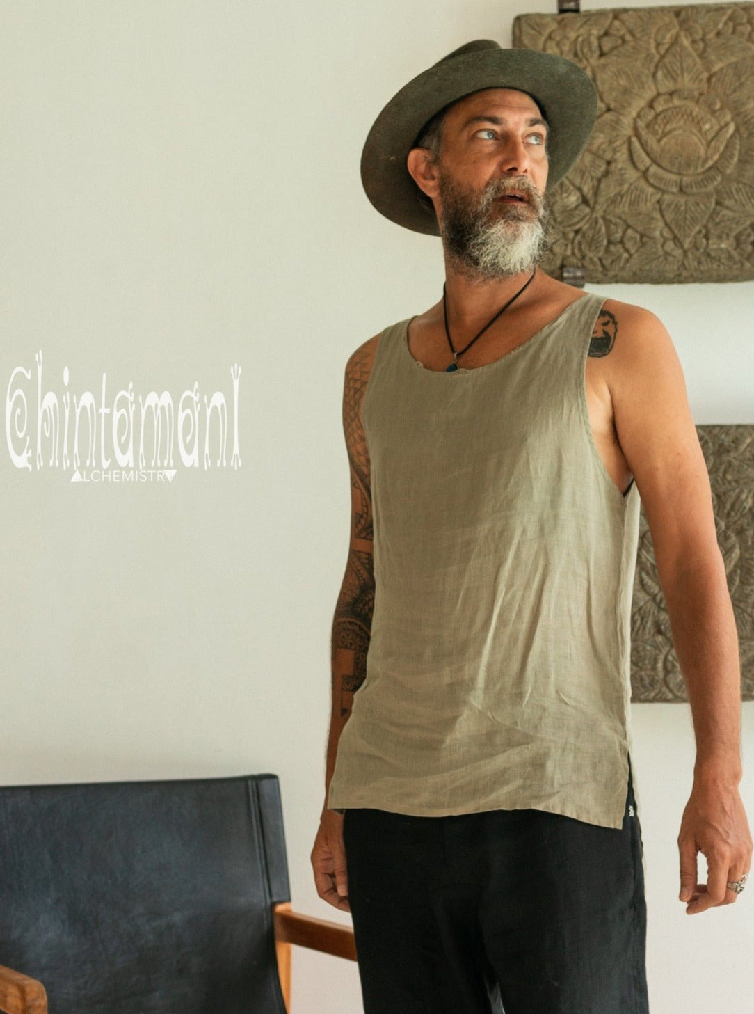 Linen Tank Top for Men / Vegan Boho Top / Sage Green - ChintamaniAlchemi