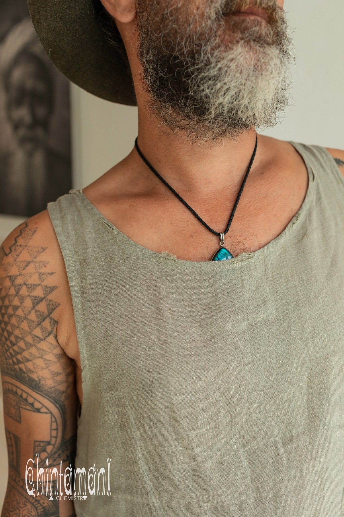 Linen Tank Top for Men / Vegan Boho Top / Sage Green - ChintamaniAlchemi