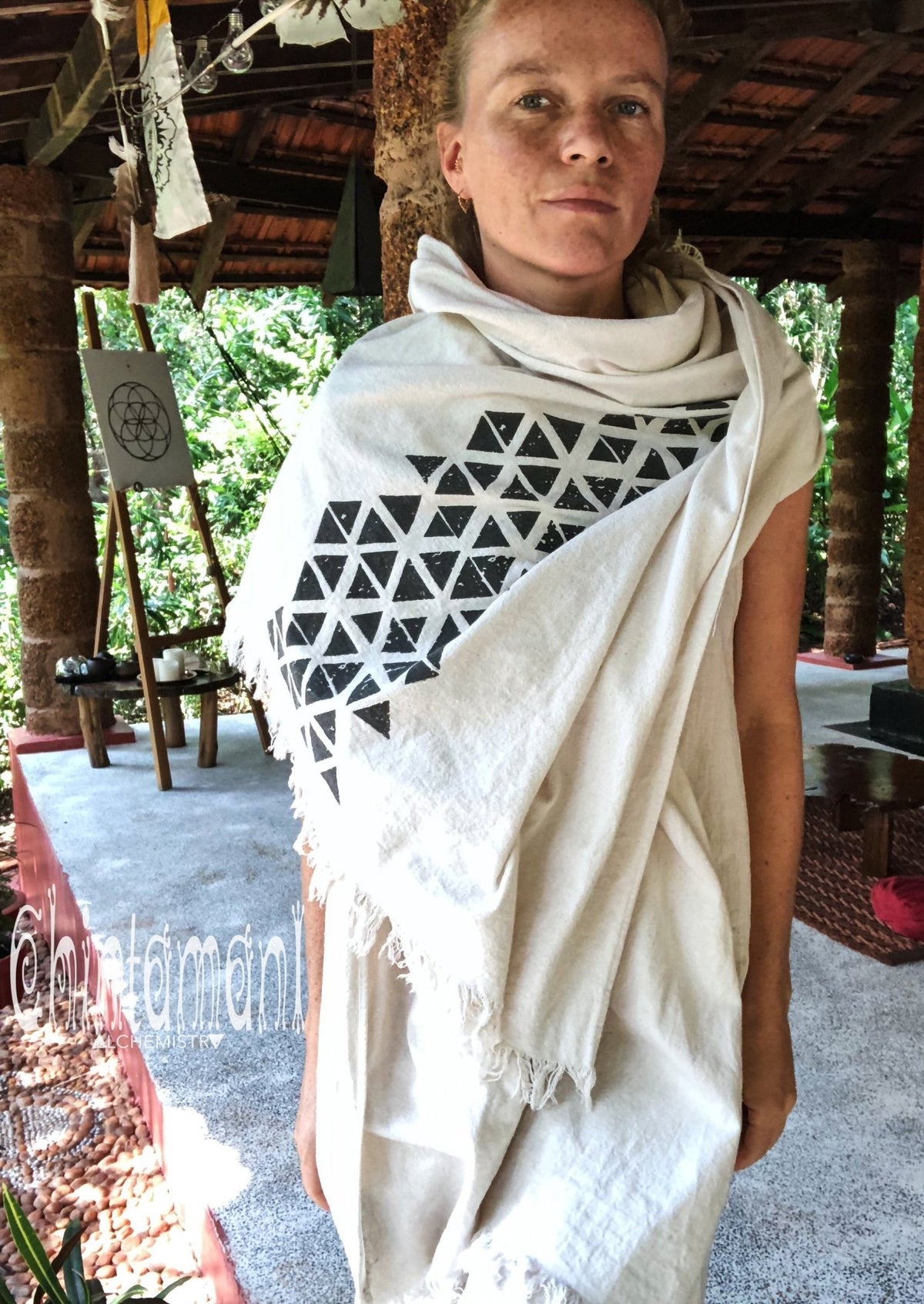 Long Boho Cotton Wrap Shawl / Autumn Scarf for Women / Atua White &amp; Black - ChintamaniAlchemi