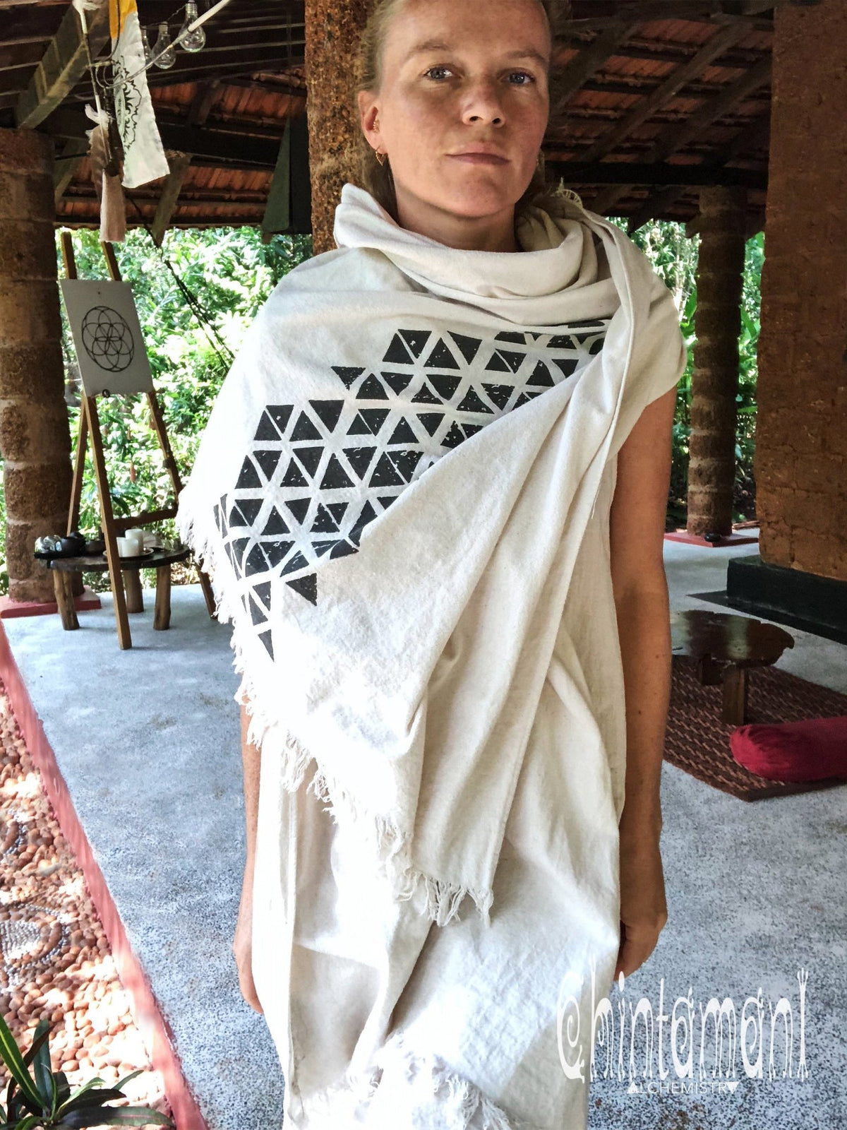 Long Boho Cotton Wrap Shawl / Autumn Scarf for Women / Atua White &amp; Black - ChintamaniAlchemi