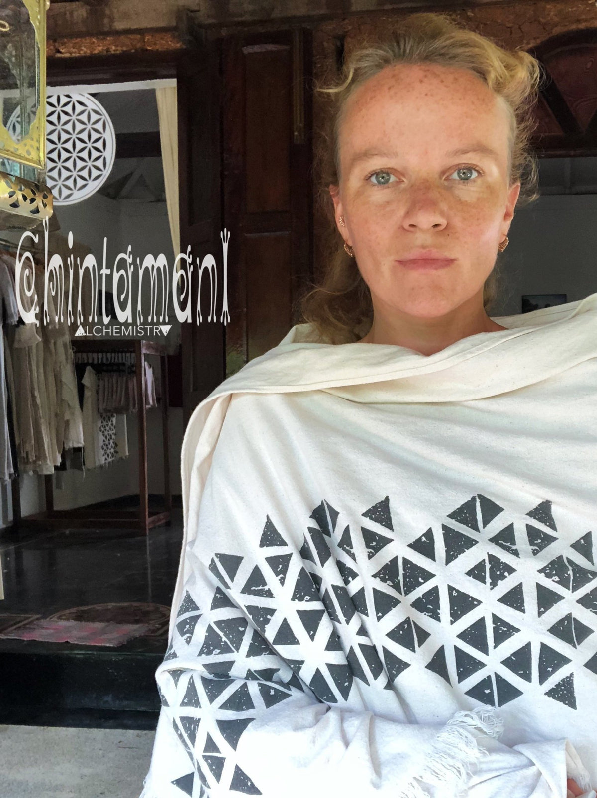 Long Boho Cotton Wrap Shawl / Autumn Scarf for Women / Atua White &amp; Black - ChintamaniAlchemi