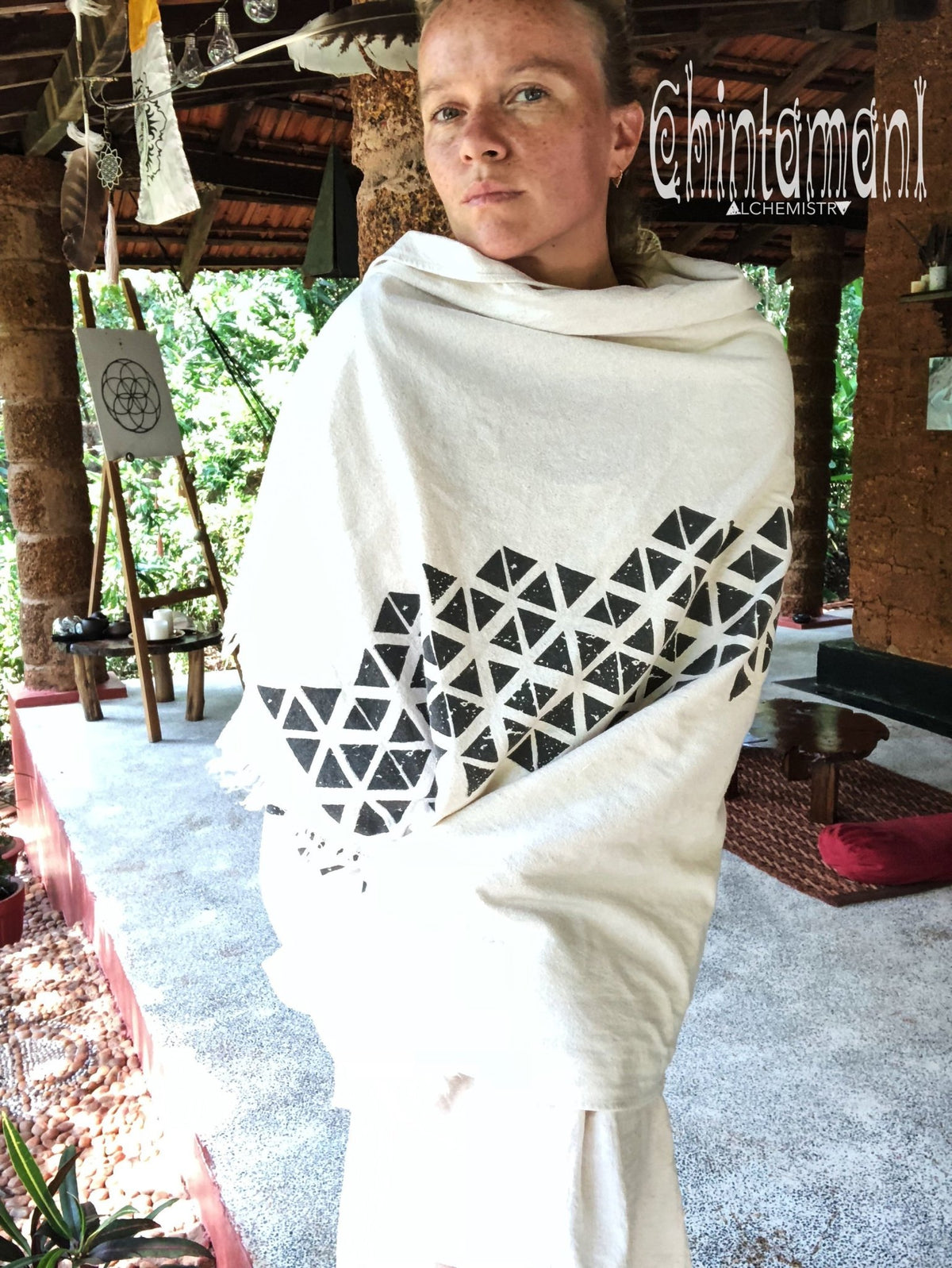 Long Boho Cotton Wrap Shawl / Autumn Scarf for Women / Atua White &amp; Black - ChintamaniAlchemi