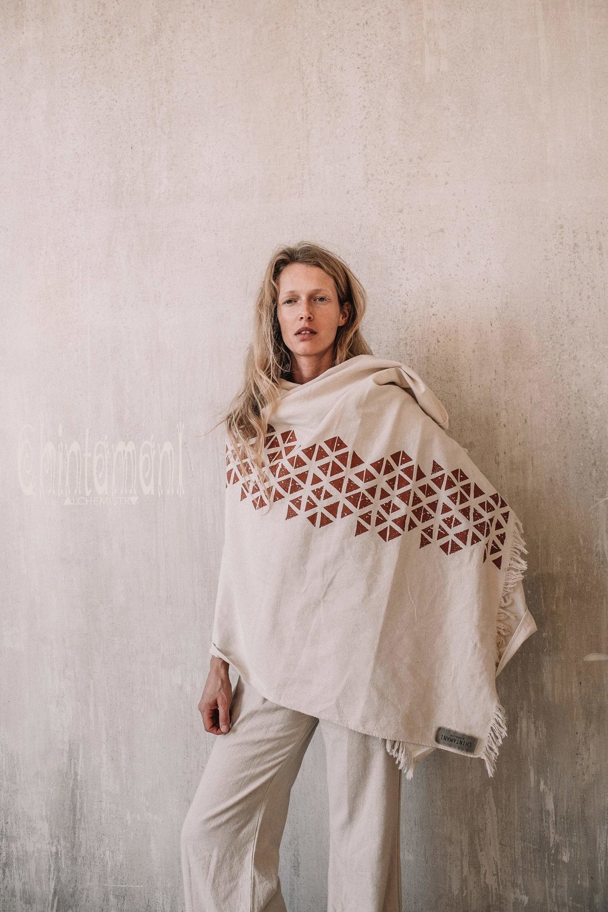 Long Boho Cotton Wrap Shawl / Autumn Scarf for Women / Atua White &amp; Copper - ChintamaniAlchemi