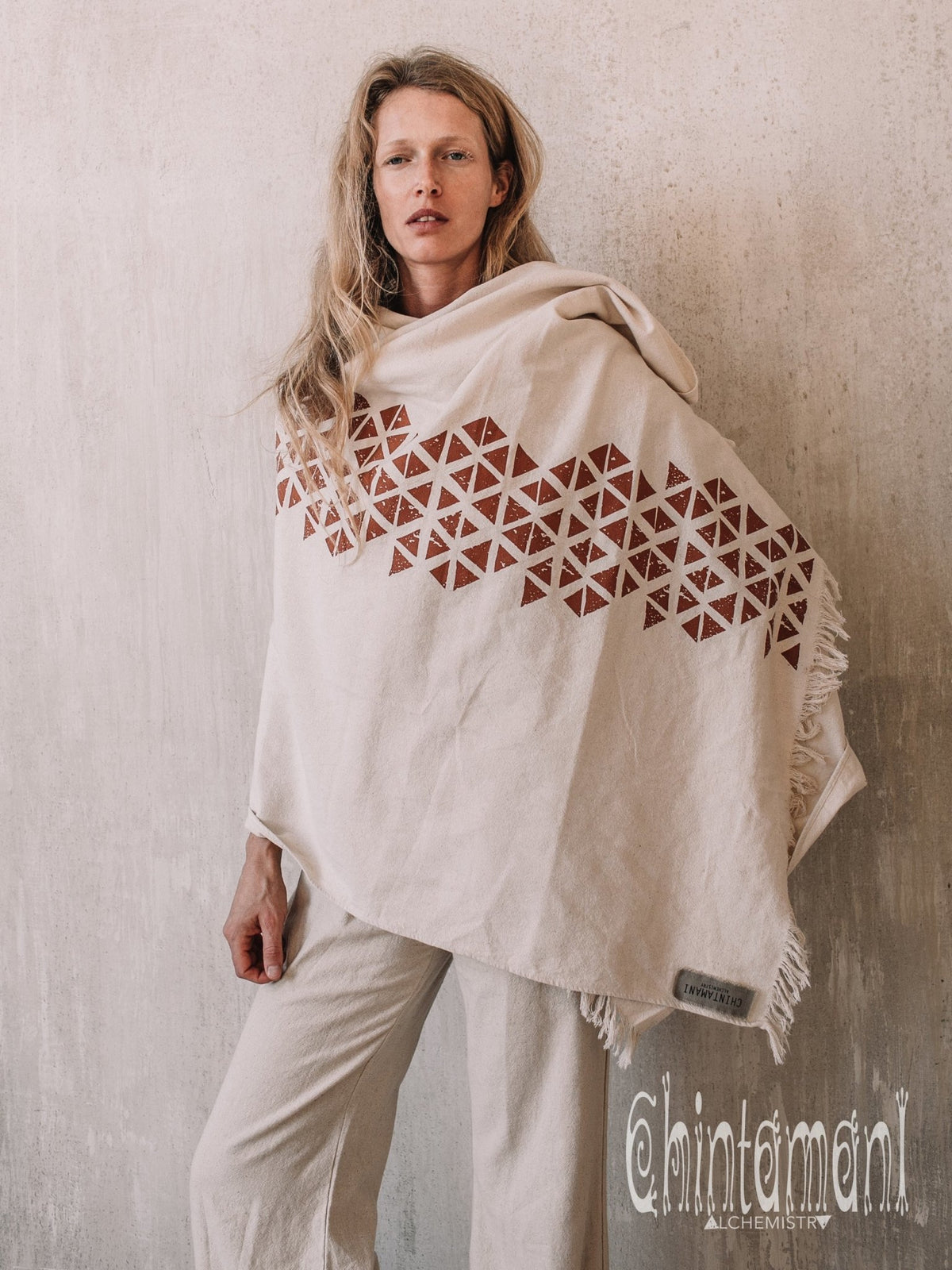 Long Boho Cotton Wrap Shawl / Autumn Scarf for Women / Atua White &amp; Copper - ChintamaniAlchemi