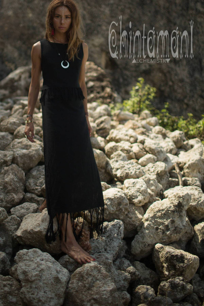 Long Boho Maxi Raw Cotton Fringe Dress with Side Slit / Chakruna Black - ChintamaniAlchemi