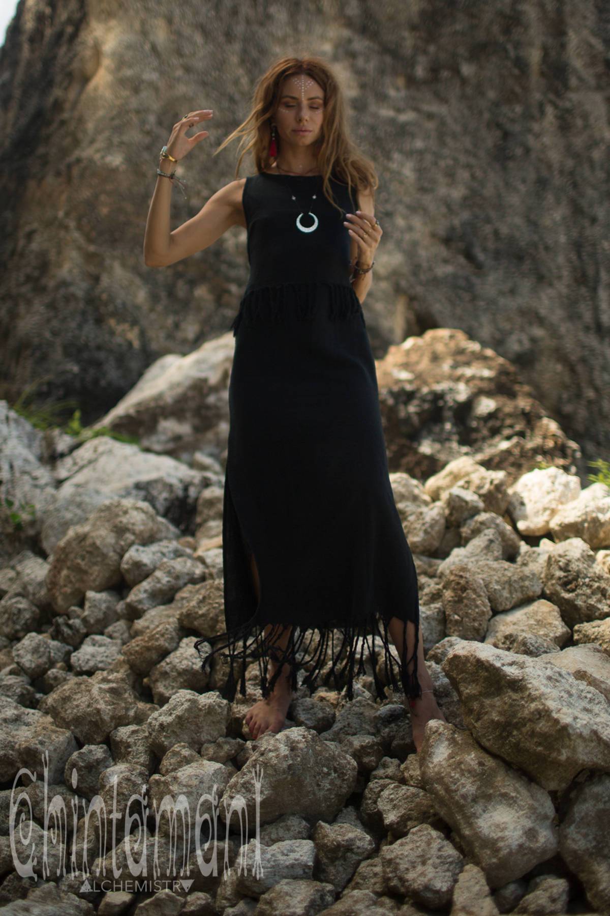 Long Boho Maxi Raw Cotton Fringe Dress with Side Slit / Chakruna Black - ChintamaniAlchemi