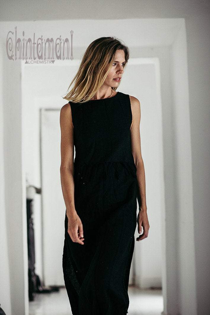 Long Boho Maxi Raw Cotton Fringe Dress with Side Slit / Chakruna Black - ChintamaniAlchemi